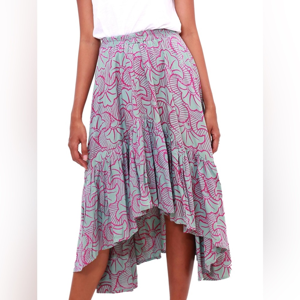 Novica Ginko Leaf Batik Ruffle High Low Hemline pull on skirt size L/XL